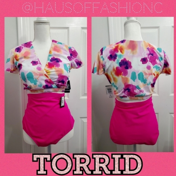 TORRID Multi Watercolor Floral Swim Top + High Waist Pink Lattice Swim B… - Picture 3 of 11